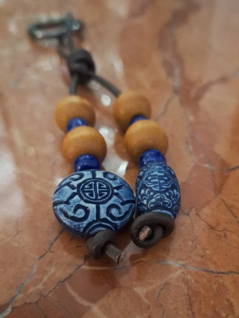 Beaded Leather Keychain Bag Charm with Blue Accents